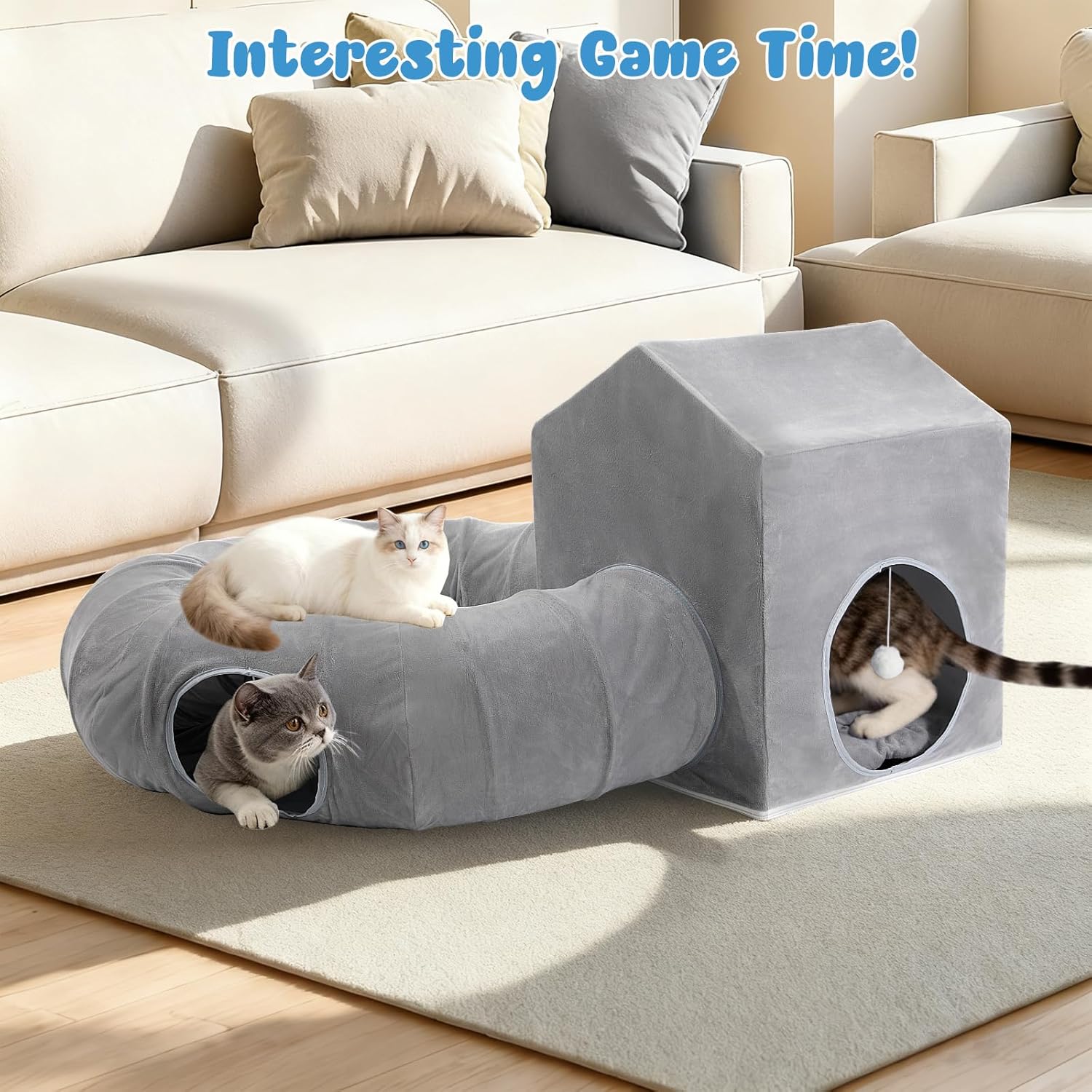 Pawaboo Cat Tunnel Bed, Cat Donut Tube with Square House, Soft Plush Cats Cave Tunnels with Washable Cushions, Foldable Kitten Bed Hideout with Fluffy Balls for Indoor Cats Rabbit Ferret, Dark Gray