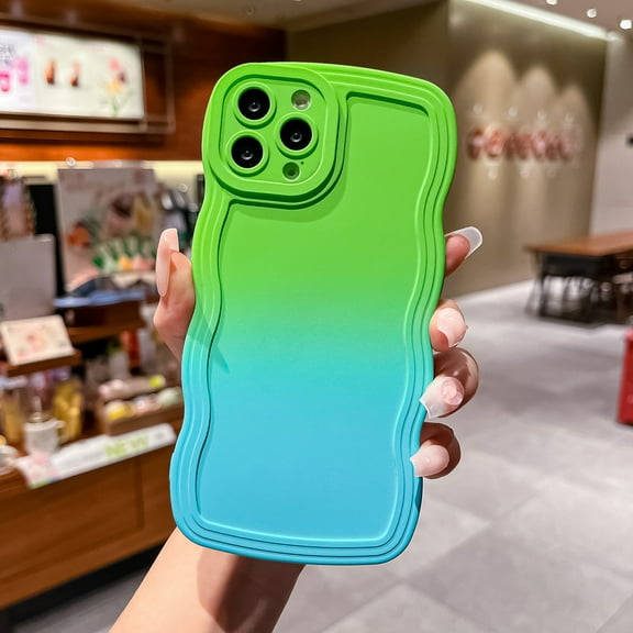 for iPhone 13 Pro Max Gradient Wavy Case, Cute Wave Frame Design Dual Colors Soft Silicone Rubber Shockproof Flexible TPU Phone Cover for iPhone 13 Pro Max 6.7 inch Girls Women, Green/Blue
