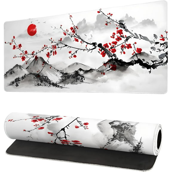 Japanese Cherry Blossom White Gaming Mouse Pad XXL Extended Long Mousepad Desk Mat, NonSlip Rubber Base with Stitched Edges, Ideal for Office, Home, 31.5x11.8 in