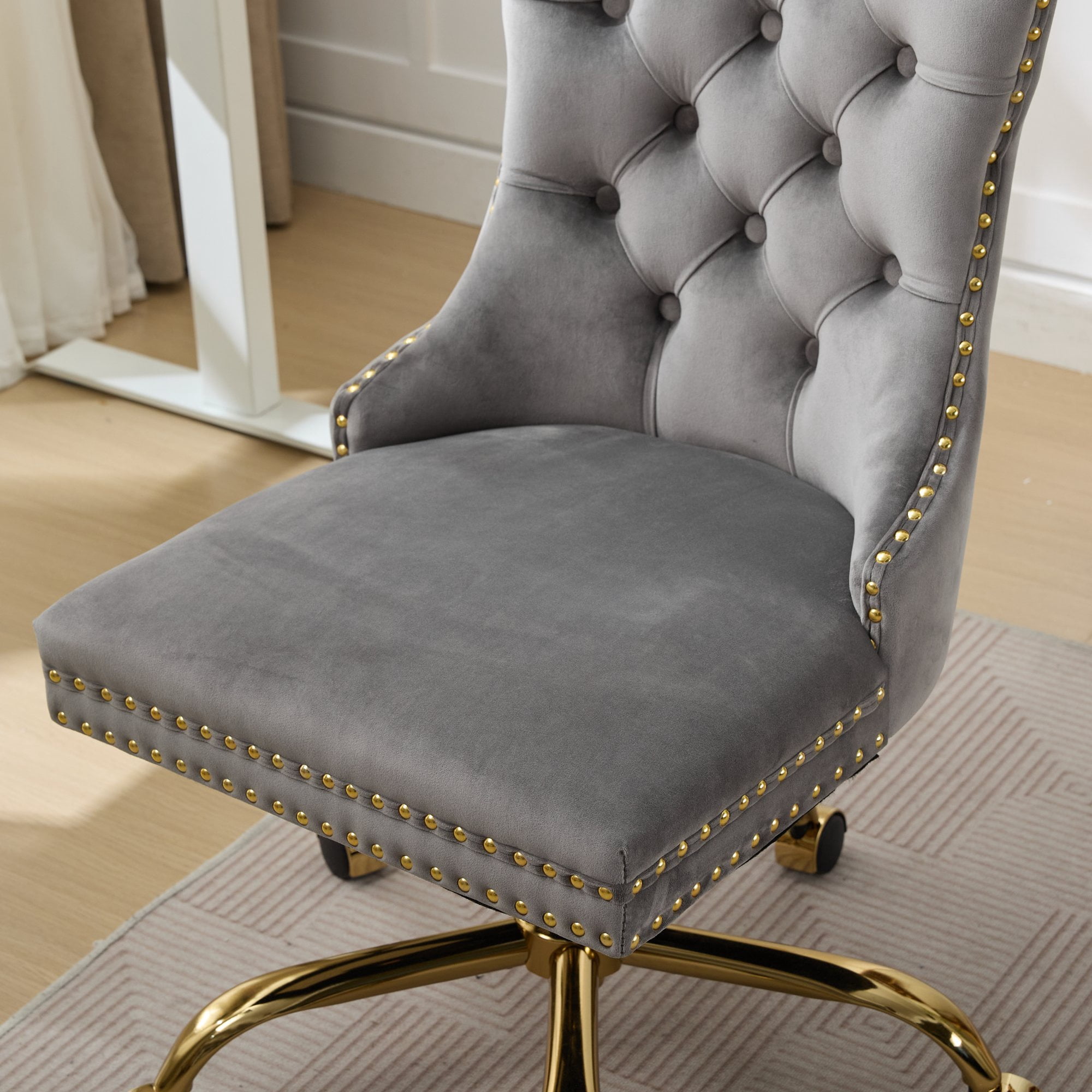 SESSLIFE Swivel Vanity Chair, Modern Office Chair with Wheels, Golden Metal Base, Velvet Upholstered Tufted Button Home Office Chair with Adjustable Height, Ergonomic Home Desk Chair, Grey