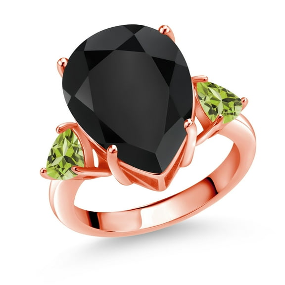 Gem Stone King 8.33 Ct Pear Shape Black Onyx Green Peridot 18K Rose Gold Plated Silver Ring (Size 8)
