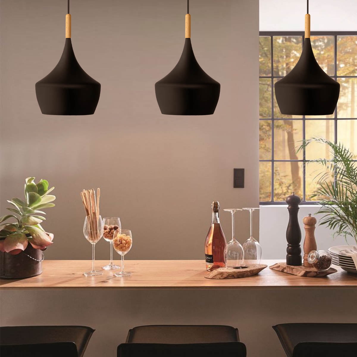 3-Light Nordic Matte Black Industrial Hanging Pendant Light, Black and ...