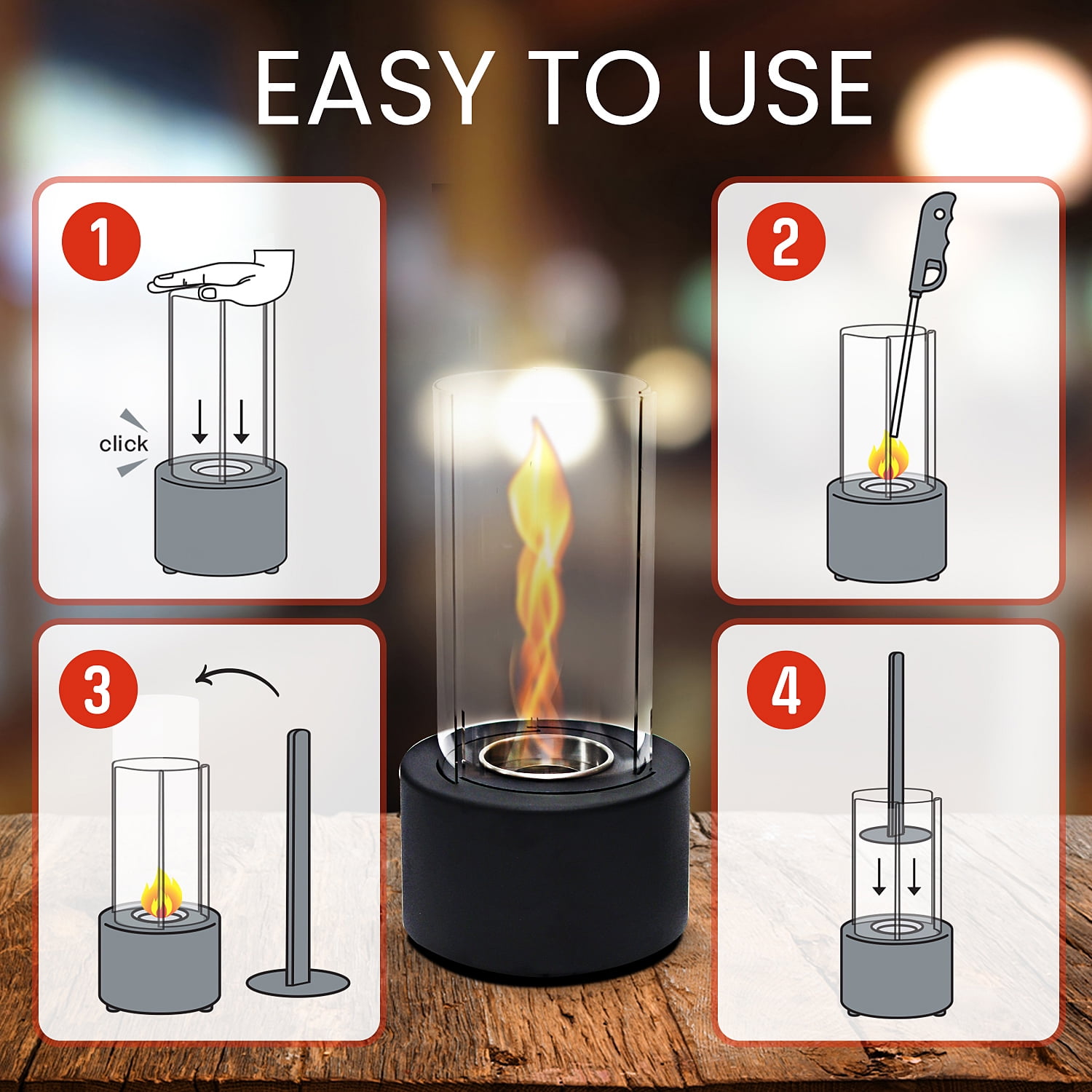 Portable Mini Fireplace Tornado Flame Metal Tabletop Fire Pit Glass Portable Heater, Gift for Christmas