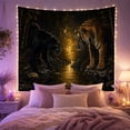 thumbnail image 2 of Tiger Facing a Black Cat Across a Bamboo Stream, Dramatic Digital Art for Wildlife Fans, Animal Decor, Housewarming Gift, Tapestry Wall Hanging for Living Room and Den, 2 of 7