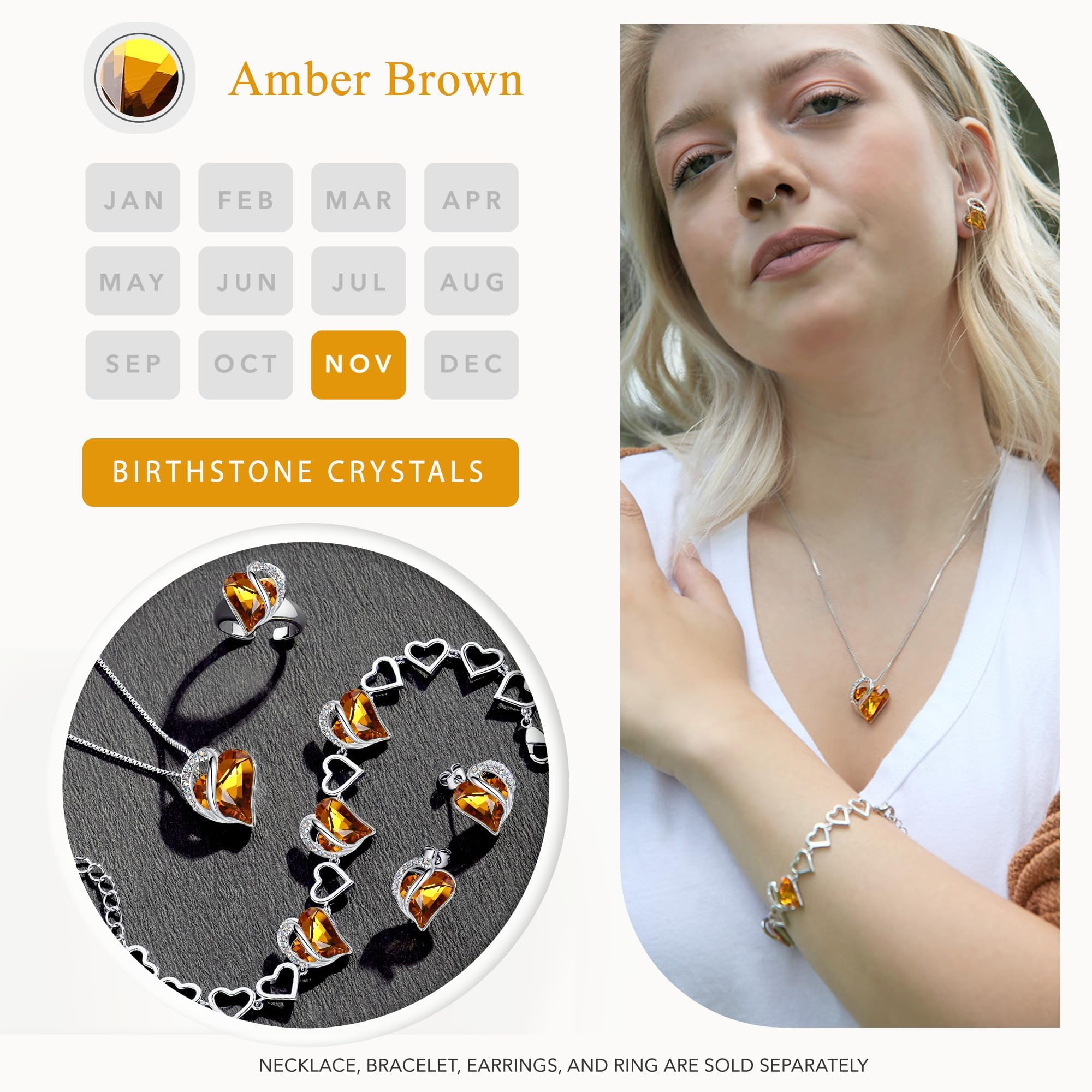 Leafael Infinity Love Brown Heart Earrings for Women, Mothers Day Gifts for Mom, Wife, and Her, Silver Plated Amber Stone Earring with Birthstone Crystal for November, Jewelry for Ladies