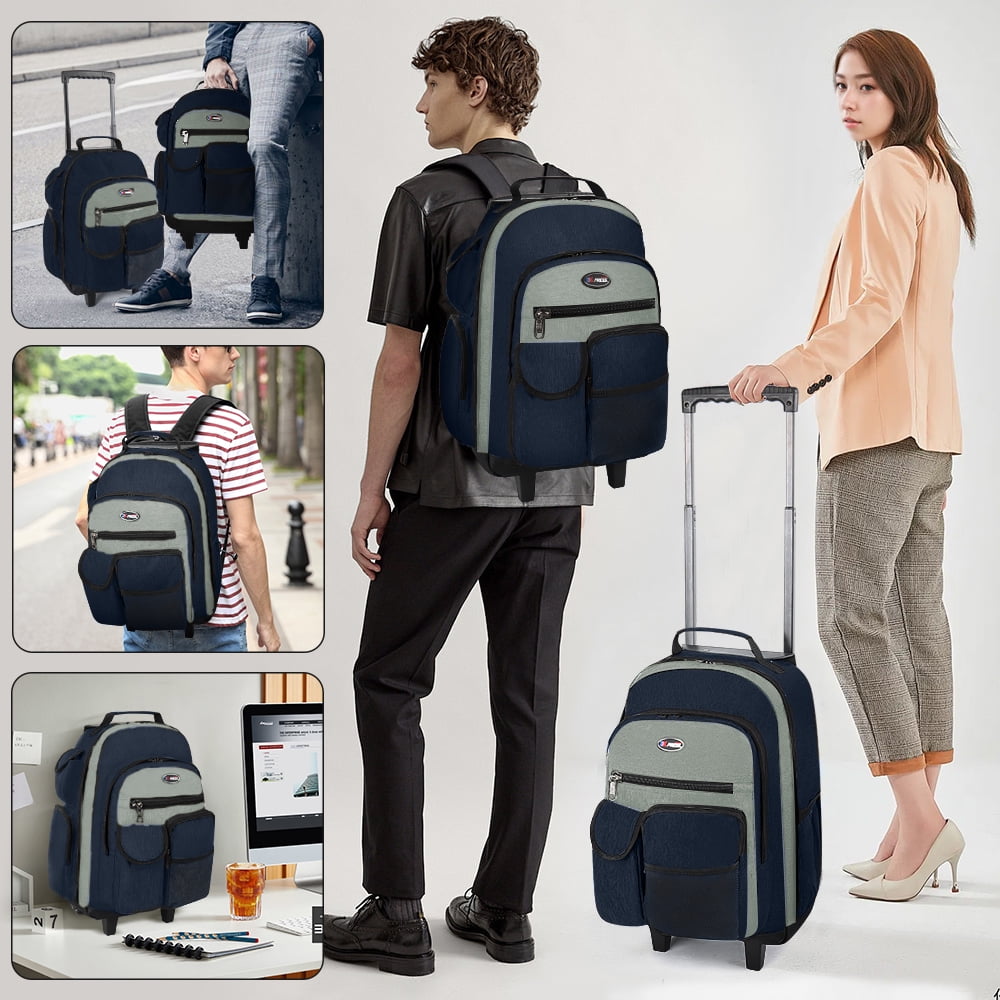 20" Rolling Backpack for Women Men,2 in 1 Carry On Travel Backpack with Wheels & Telescopic Handle for Work, Weekend, School & Short Trips, Blue, JH2560