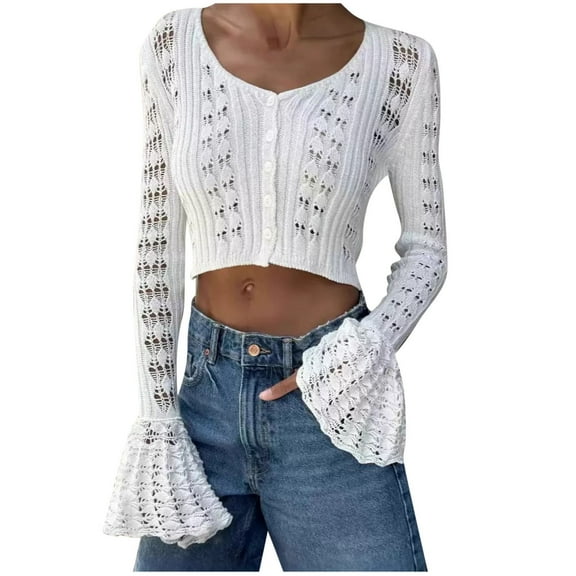 Fengactive Women's Crochet Crop Top Cardigan Bell Sleeve Knit Hollow Out Button V Neck Fashion Sweater Tops