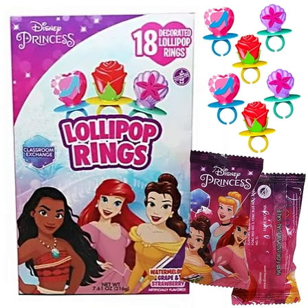 Flix Candy Valentines Day Disney Princess Lollipop Rings Classroom Party Favors - 18 Count Box