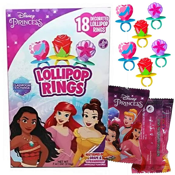 Flix Candy Valentines Day Disney Princess Lollipop Rings Classroom Party Favors - 18 Count Box