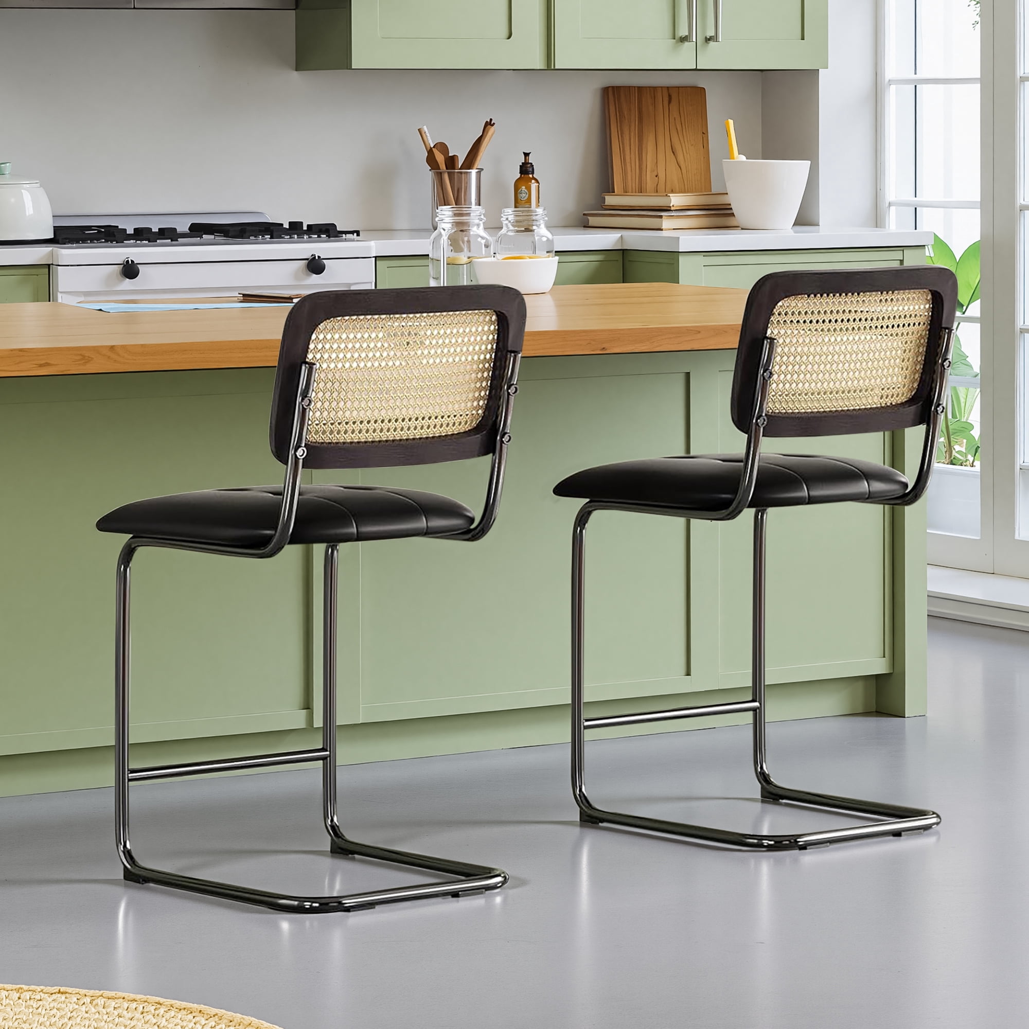 MAYEERTY 24" Black Counter Height Bar Stools Set of 2, PU Leather & Rattan Back, for Dining Areas