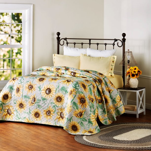 Sunflower Quilted Bedspread Rustic Farmhouse Quilt Blanket King