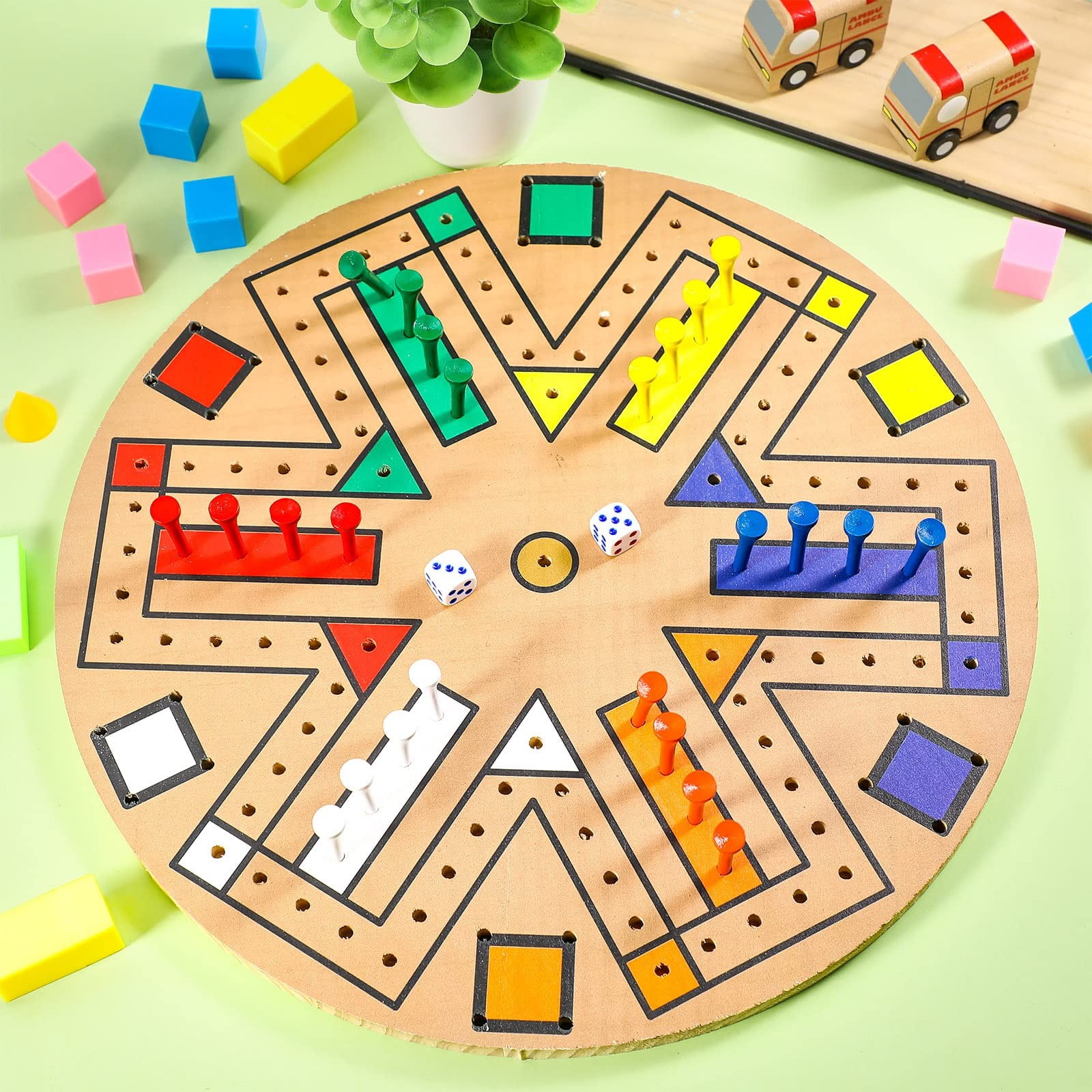 Wgmhea Wooden Fast Track Game, Fast Track Board Game for 3-6 Players – Family, 14.2-Inch Board, with 24 Board Game Pieces and 2 Dice, 6 Colors