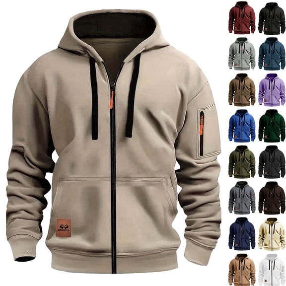 Hoodies for Men Sevevn Men's Hoodie With Zipper Fashionable And Personalized Casual Arm Pocket Top Men's Hoodie Khaki XXXL
