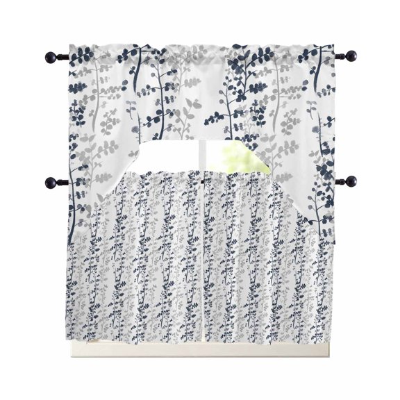 Dark Blue Grey Botanical Swag Curtains for Living Room/Bedroom Windows, Spring Floral Summer Farmhouse Kitchen Curtains and Valances Set 36 Inch Length, Light Filtering Swags Valance Curtain Panels