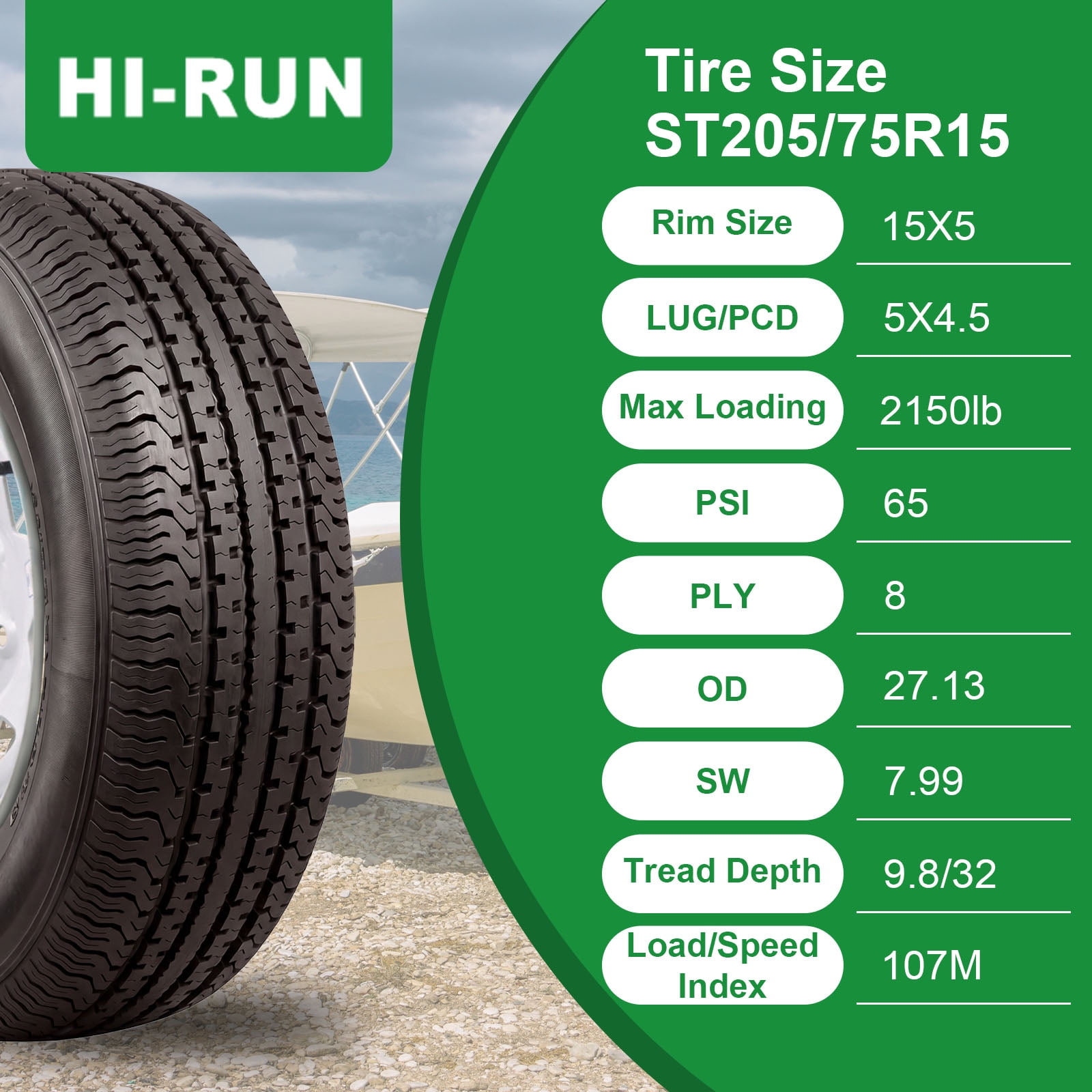 Hi-Run 2 Set ST100 ST205/75R15 8PR 107M Trailer Tire & 15X5 5 Lugs on 4.5" PCD  Wheel Assembly, 0 Offset, Fits 205/75/15, 205 75 15