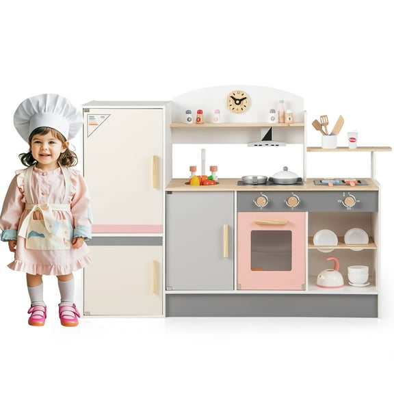 Gymax Kids Chef Play Kitchen Set Toddlers Wooden Pretend Toy Playset w/ Range Hood