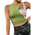 thumbnail image 4 of QAFOPEH Women Contrast Color Hollow Out Round Neck Sleeveless Cropped Tank Top, 4 of 7