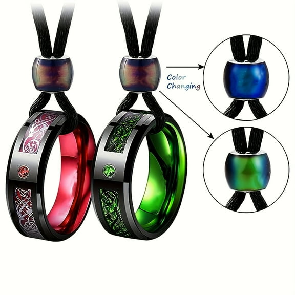 2 pcs Colorful Stainless Steel Couple Ring Pendant Promise Lovers Necklace Set(RED GREEN BLACK EDGE)