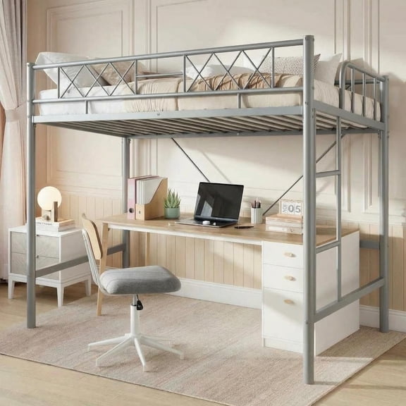 Twin Loft Bed with Arched Safety Guardrail and Ladder, Quiet Steel Slat Support, Space-Saving Loft for Small Rooms, Easy Assembly,Twin,Gray
