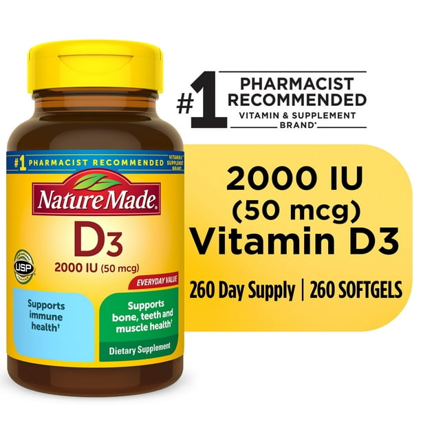 Nature Made Vitamin D3 2000 IU (50 mcg) Softgels, Dietary Supplement ...