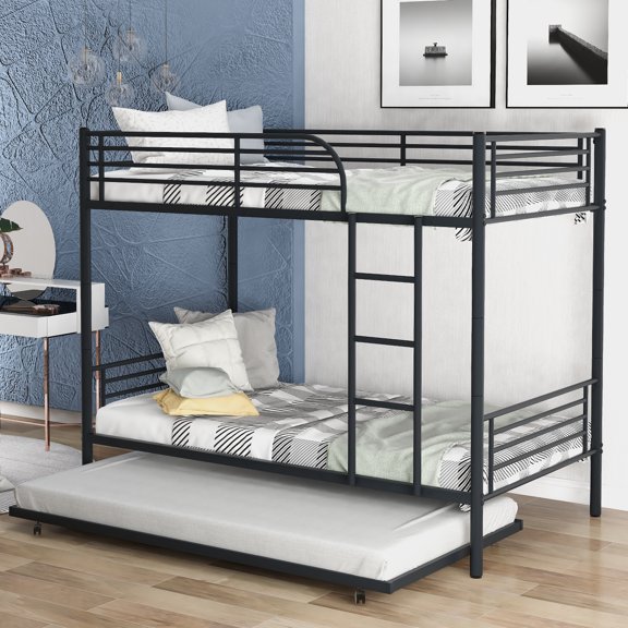 ENYOPRO Bunkbed with Roll Out Trundle Bed Frame, Metal Bunk Bed Can Be Divided Into Two Twin Beds, Trundle Twin Bunk Bed with Ladders and Guardrails for Guest Room, Space Saving Bedroom Furniture, K90