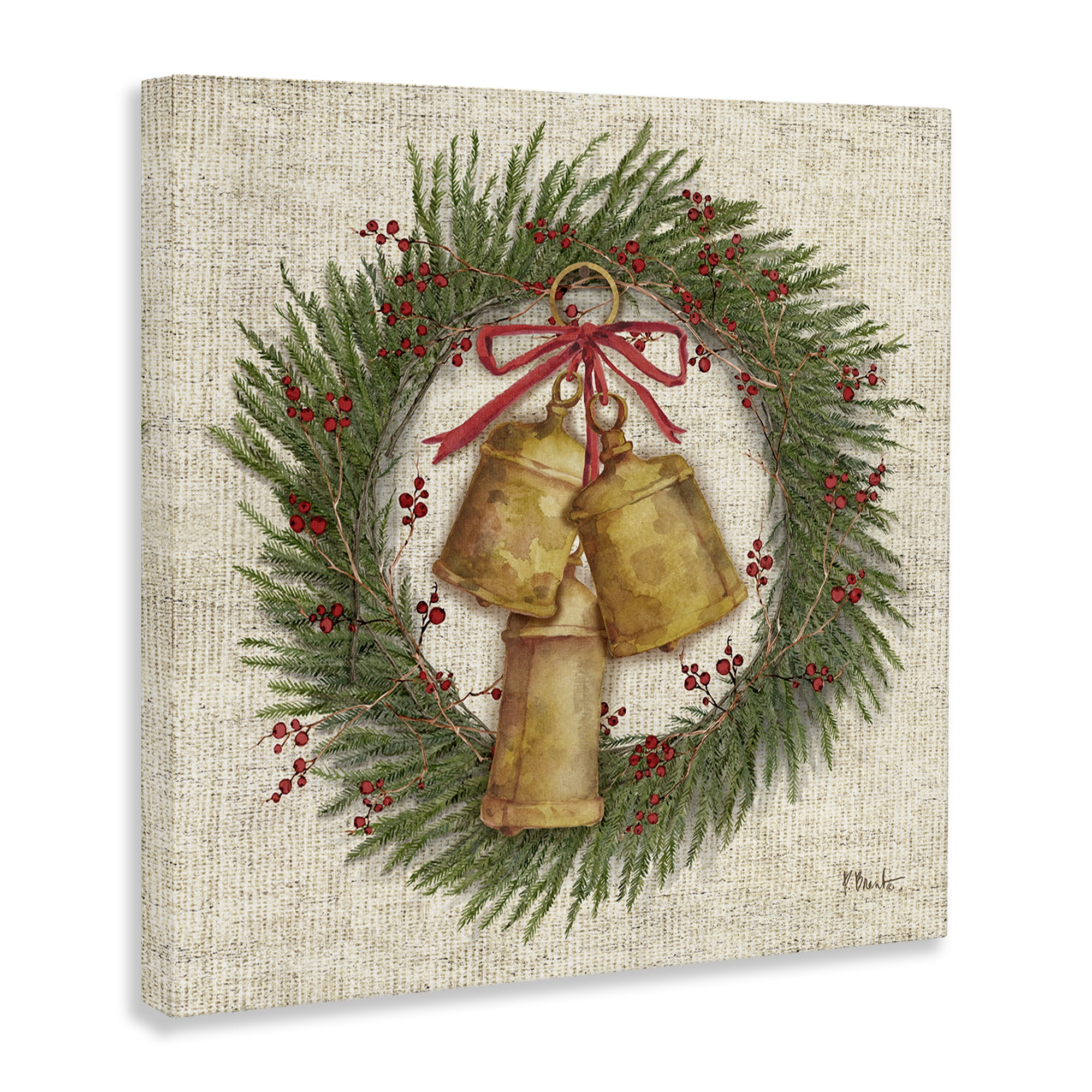 Stupell Industries Festive Bells Wreath Holiday Painting Wrapped Canvas Art Print Wall Art, 17 x 17