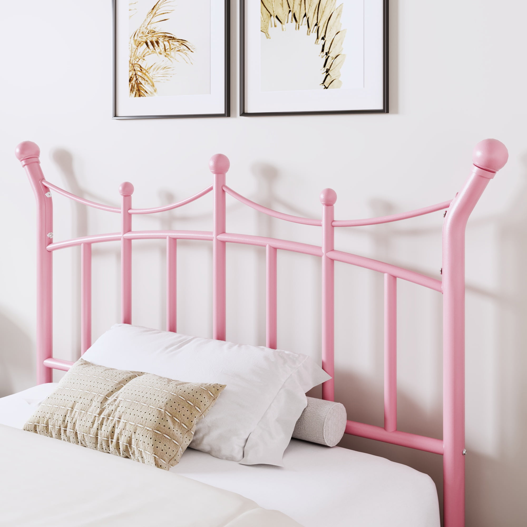 Allewie 14 Inches Twin Size Metal Platform Bed Frame with Elegant Crown Headboard & Footboard, Sturdy Mattress Foundation with Under-Bed Storage, Easy Assembly, No Box Spring Needed, Pink