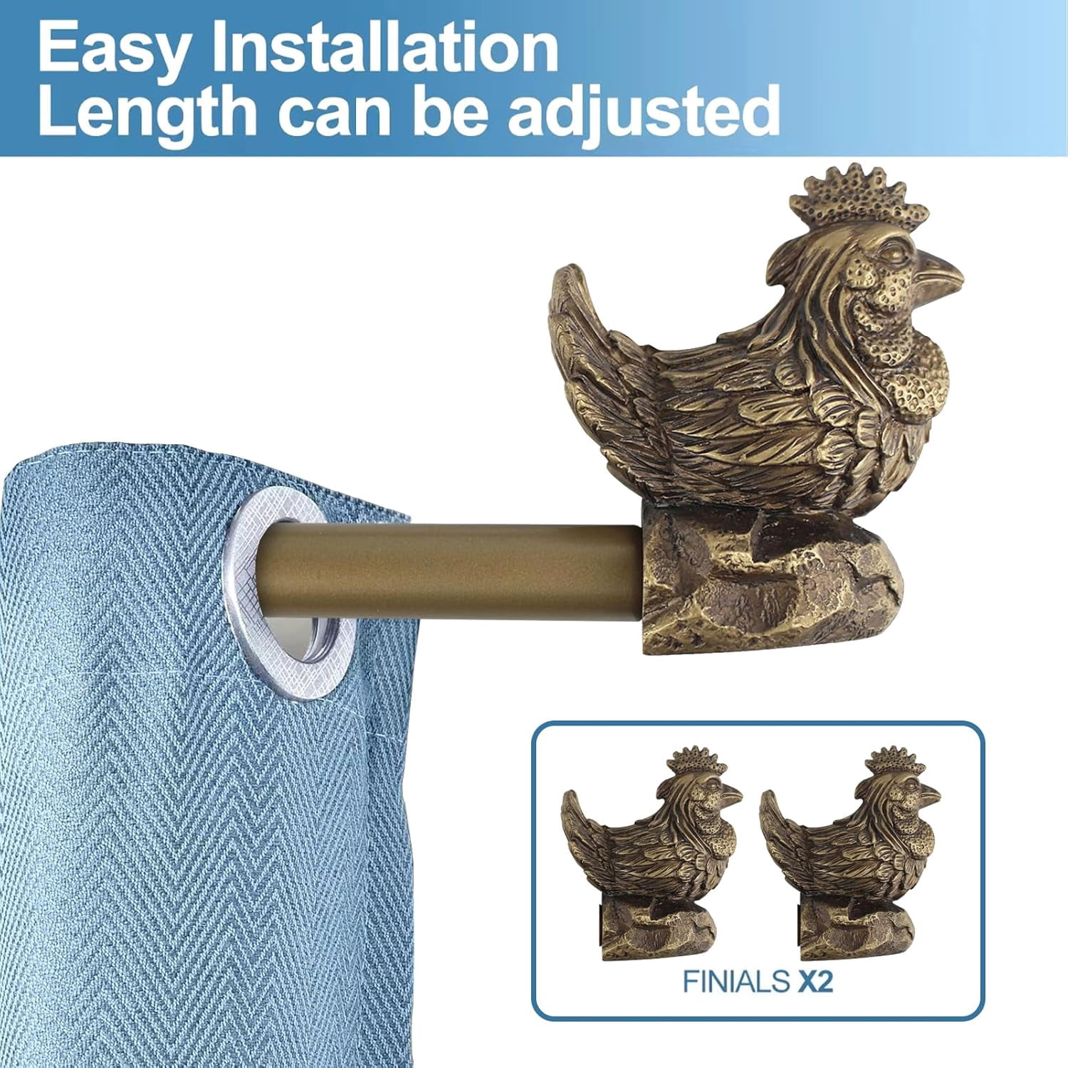 Urbanest Adjustable Single Curtain Rod Set Rooster Finials – 3/4 -Inch Diameter, With Renaissance Gold Rod, 84–120 Inches