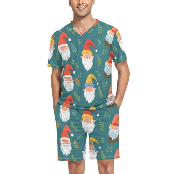 joogoo Men's Pajama Set Gnome Christmas V-Neck Pj Shorts Set 2 Piece Loungewear Sleepwear L