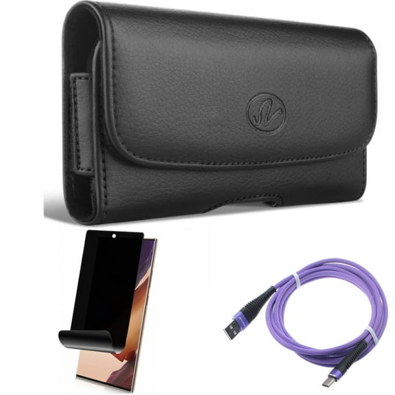 10ft USB Cable & Privacy Screen Protector & Case Belt Clip for Samsung Galaxy Note 20 Ultra (6.9") - Combo with Purple Type-C & TPU Film Anti-Peep & Leather Swivel