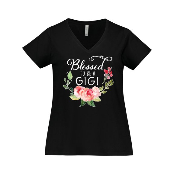 Inktastic Blessed to Be a Gigi with Pink Flowers Women's Plus Size V-Neck T-Shirt