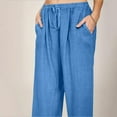 thumbnail image 4 of Miluxas Plus Size Pants Clearance Women Solid Cotton Linen Drawstring Elastic Waist Long Wide Leg Pants, 4 of 6
