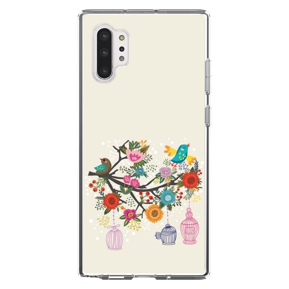 DistinctInk Clear Shockproof Hybrid Case for Galaxy Note 10 PLUS (6.8" Screen) - TPU Bumper, Acrylic Back, Tempered Glass Screen Protector - Spring Collection - Floral Birds Teal Red