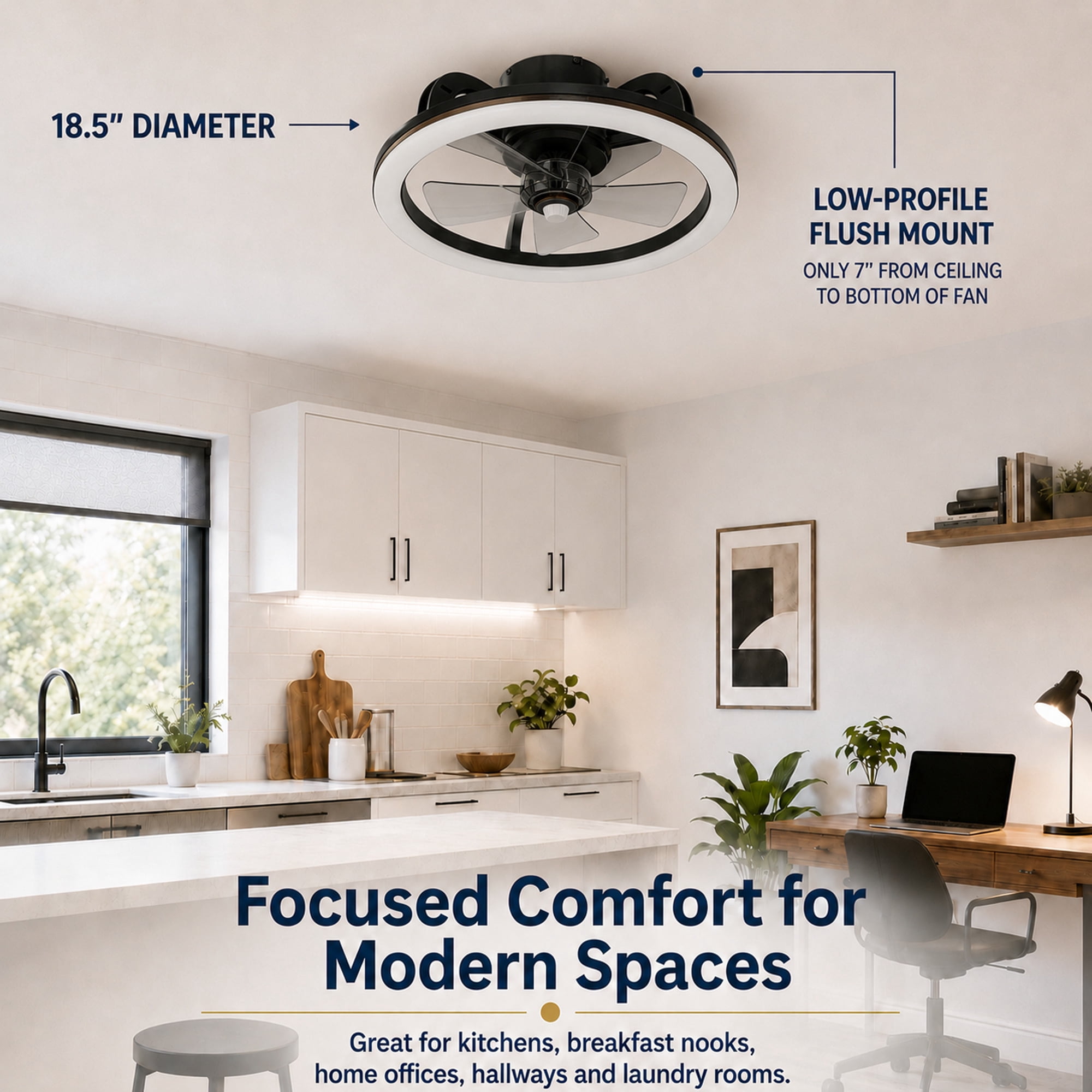 Mainstays 18-Inch Black Low-Profile DC Ceiling Fan with Integrated LED Light, Remote Control, 6 Speeds