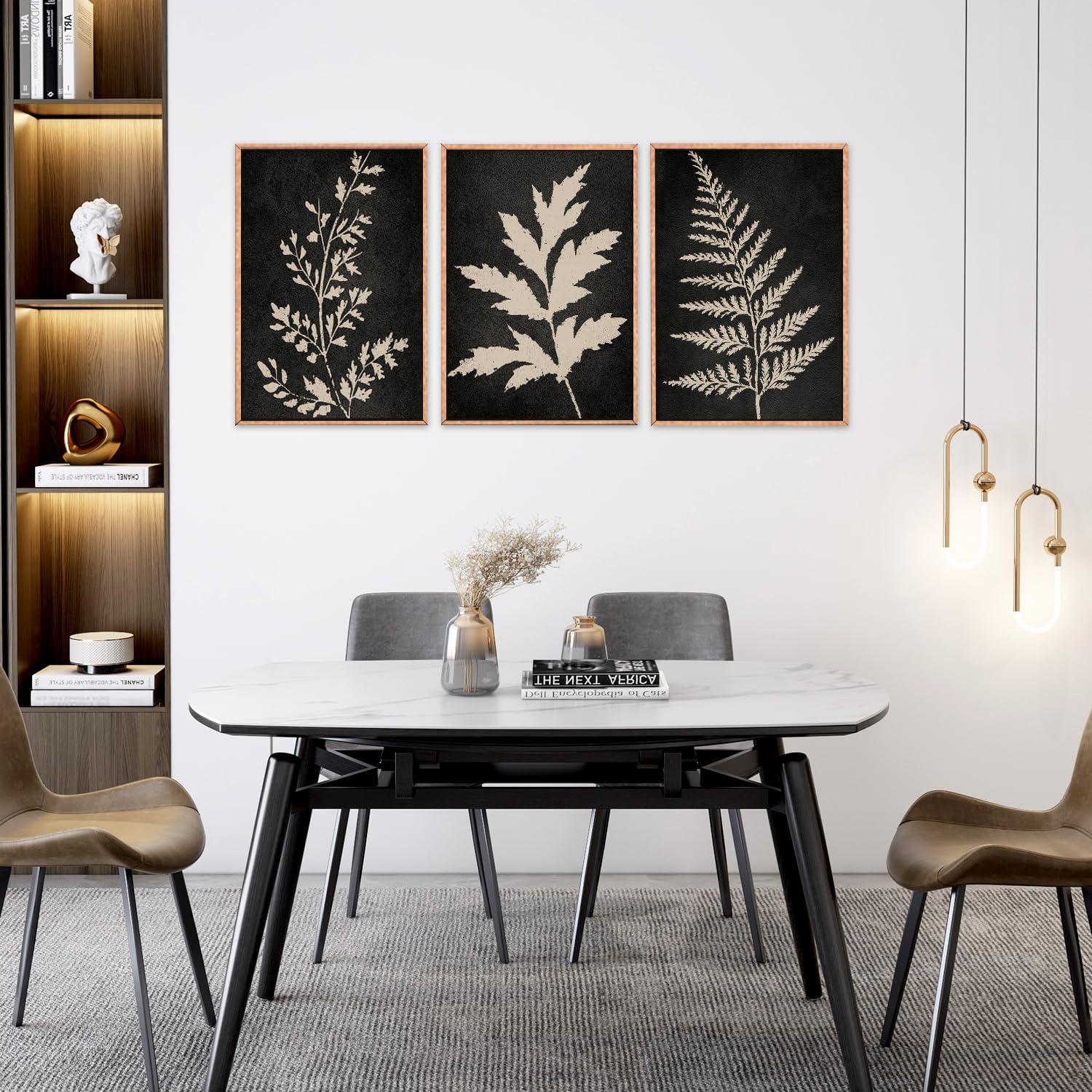 Black Tan Fern Leaf Framed Canvas Wall Art Set, Minimalist Botanical Wall Decor, Nature Fern Plant Silhouette Wall Painting, Modern Art Print for Living Room, Bedroom, Office 16"x24"x3
