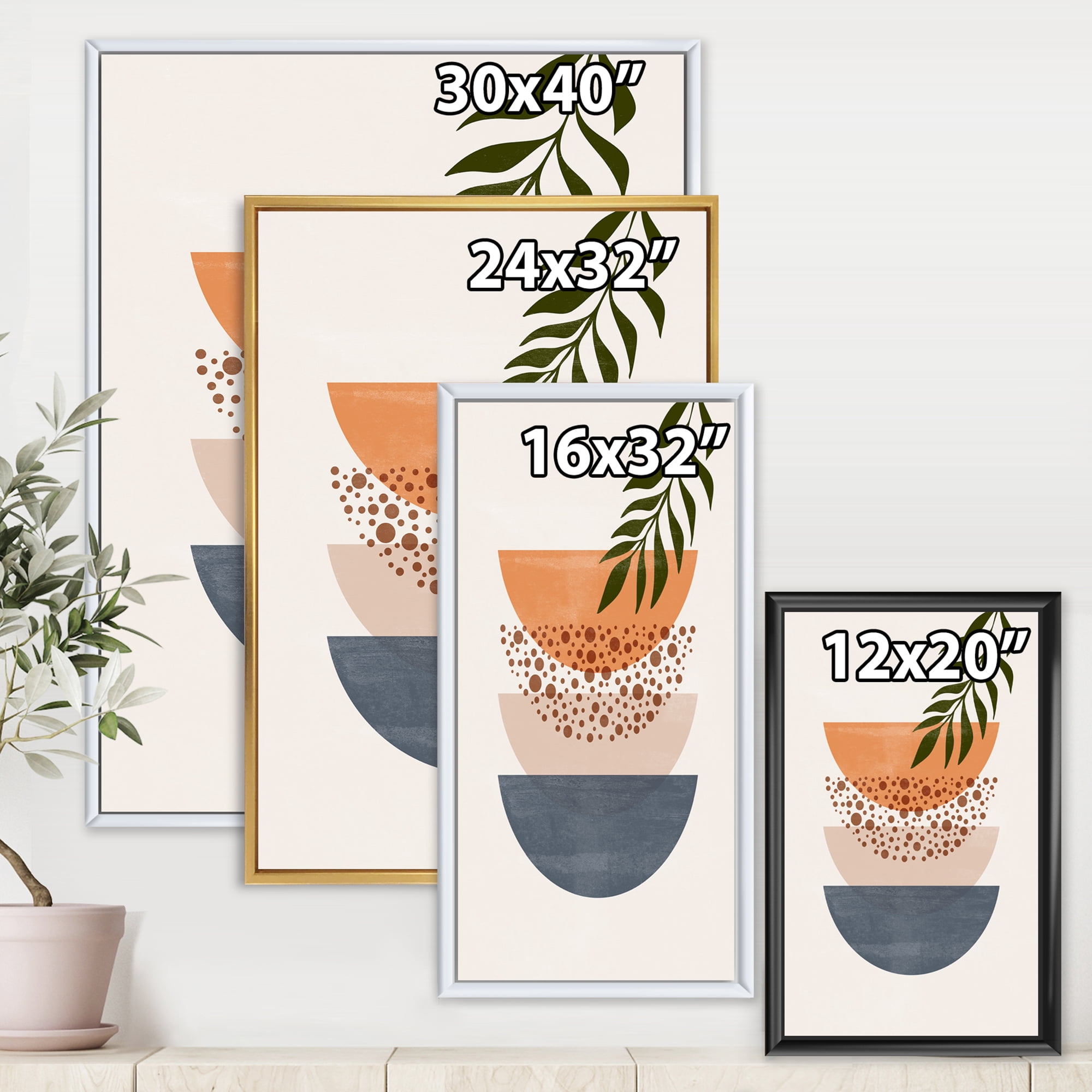 Designart 'Abstract Geometrical Moon and Sun With Leaf III' Modern Framed Canvas Wall Art Print