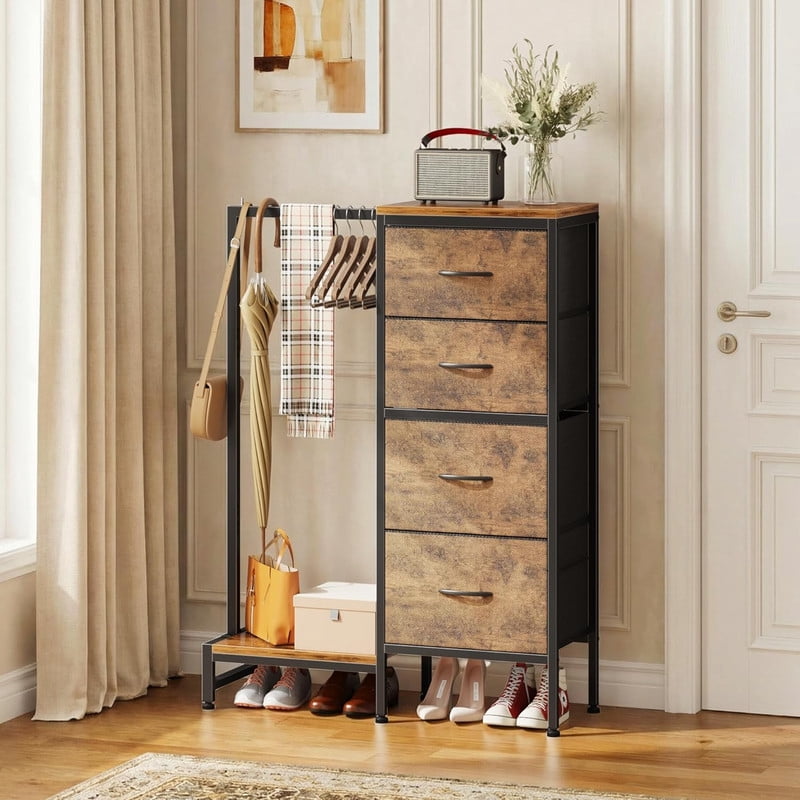 Simenmax 4-in-1 Storage Tower with Clothes Rack, Tall Garment Rack with Shoe Shelf and Bag Hook, Heavy Duty Organizer for Bedroom Entryway Living Room, Brown
