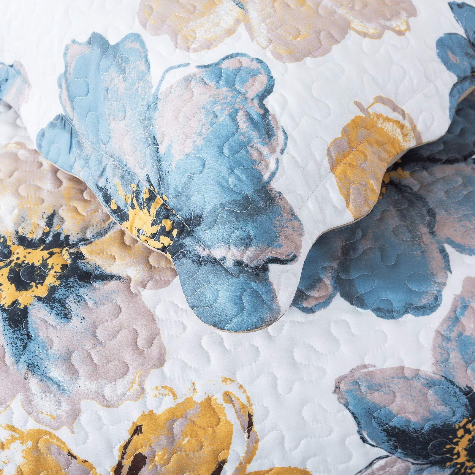 WannaToo Quilts King Size - 3 Piece Microfiber Quilt set Reversible Bedspreads Patchwork Coverlets Floral Bedding Set All Season, Blue and Glod