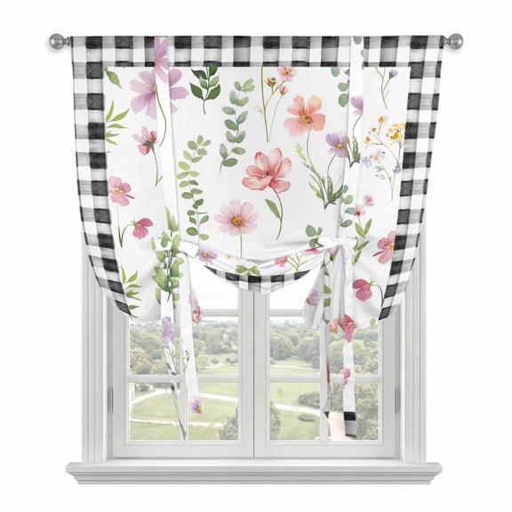 Spring Floral Balloon Curtains 63 Inch Length for Living Room/Bedroom, Pink Flowers Black White Plaid Pastoral Rod Pocket Privacy Door Curtains Decorative Tie Up Shade for Window 52"x63"