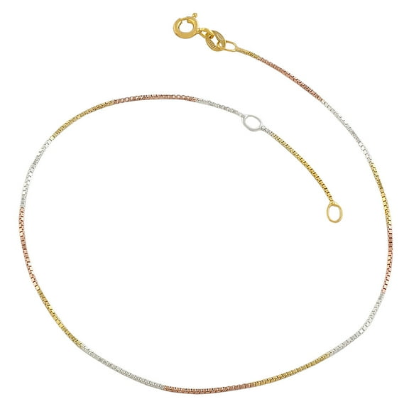 KoolJewelry 14k Tricolor Gold Over Silver 0.8 mm Venetian Box Chain Anklet (9-10 inch)