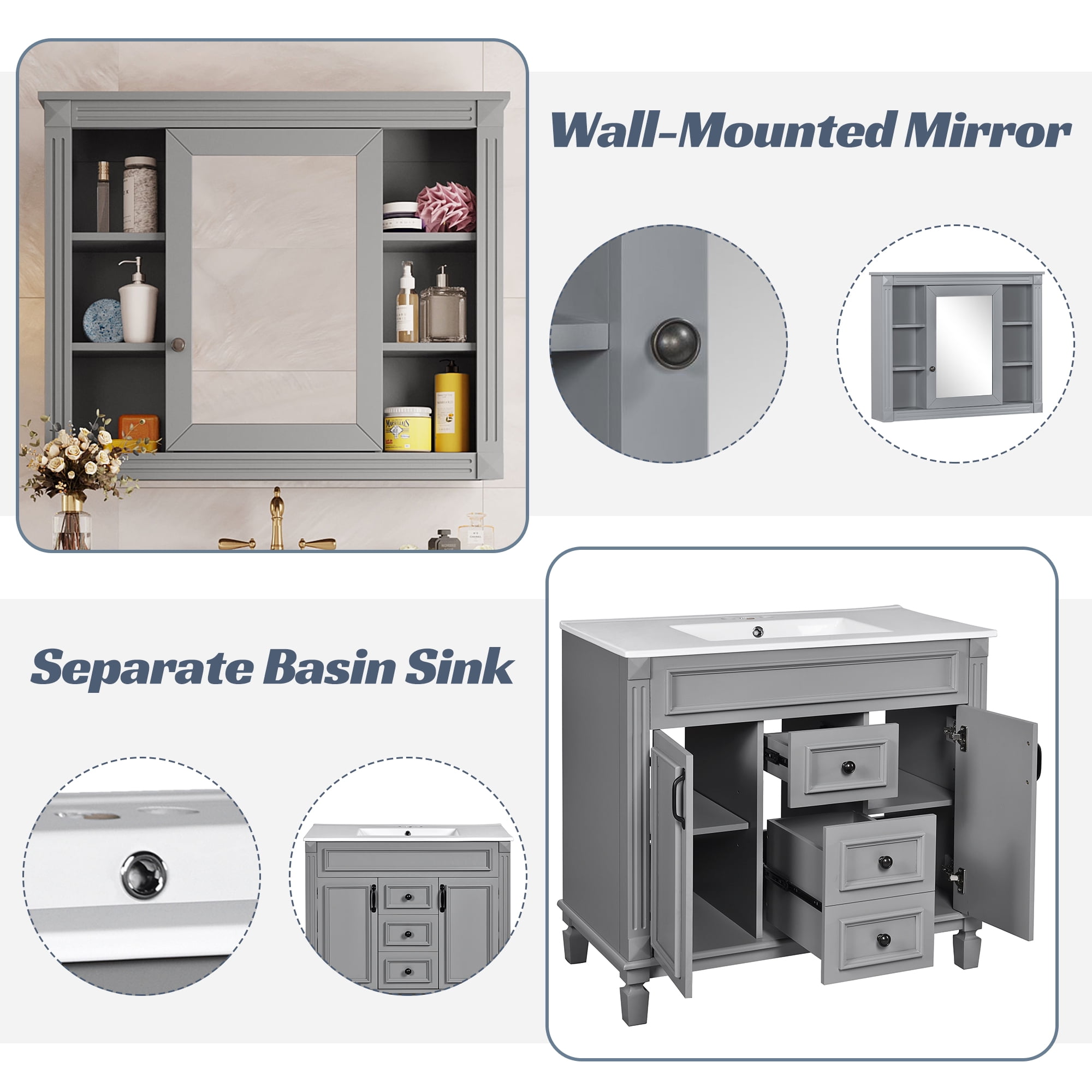Harper & Bright Designs 36'' Bathroom Vanity Cabinet with Sink Combo Set and Mirror Cabinet, Modern Bathroom Storage Cabinet with 2 Soft Closing Doors and 2 Drawers, Grey
