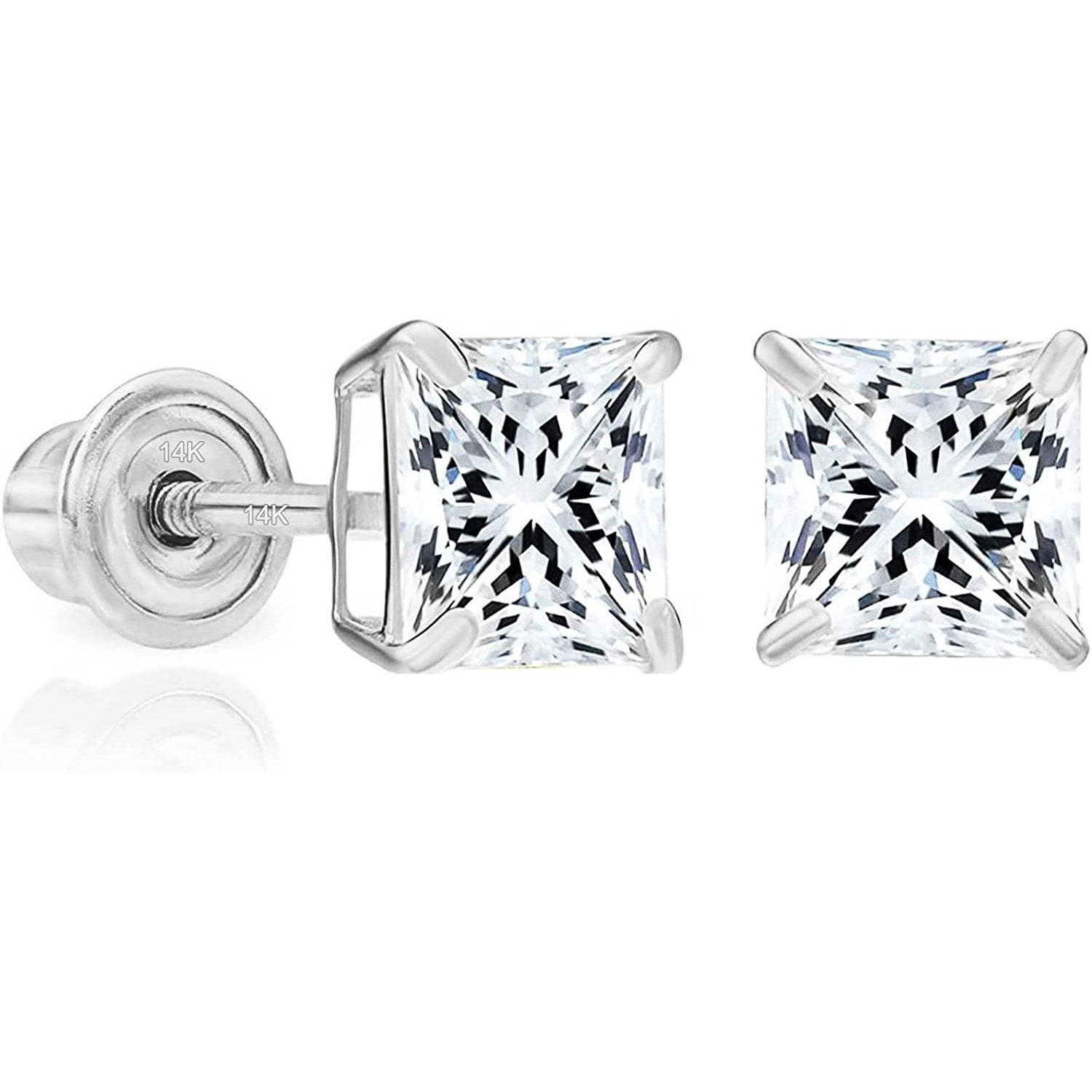 14k White Gold 5mm Cubic Zirconia Princess-cut Square Stud Earrings with Screw Backs