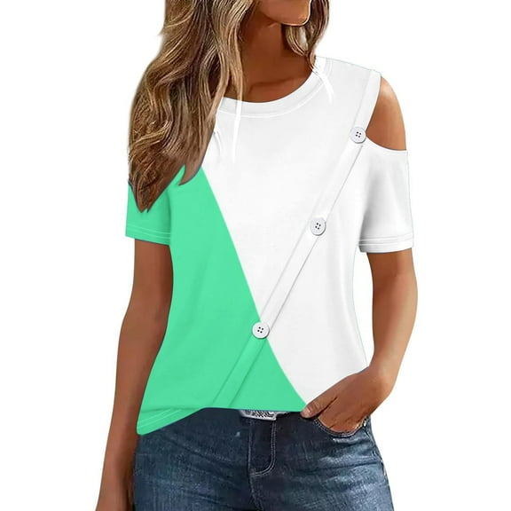 Womens Cold Shoulder Tops 2024 Summer Crewneck Dressy Casual T-Shirts Colorblock Ladies Going Out Tunic Blouses