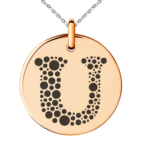 Stainless Steel Letter U Initial Dotted Monogram Engraved Small Medallion Circle Charm Pendant Necklace