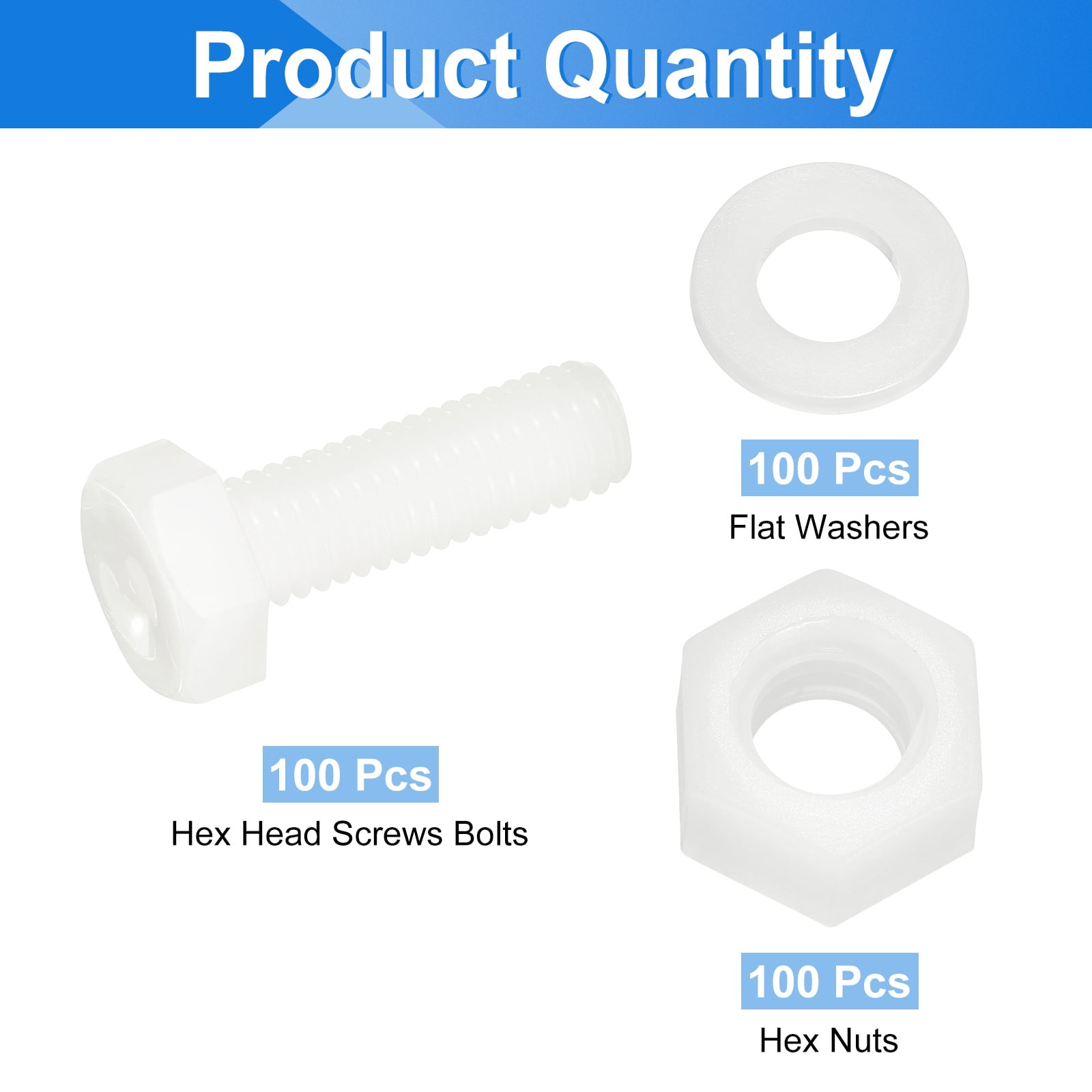 Uxcell 300 Pack/100 Sets Nylon Hex Bolts, M8 x 25mm Plastic Full Threaded Hex Head Screws Bolts and Nuts with Flat Washers for Machinery Electronics Industrial Accessories, White
