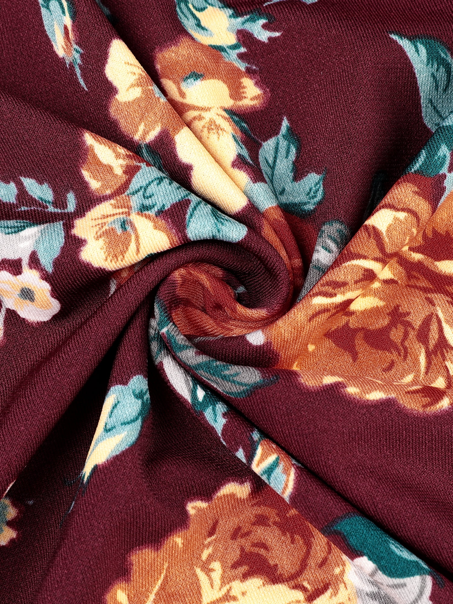 DARING DIVA Women's Plus Size Floral Long Sleeve Pleated Crew Neck Blouse 1X Burgundy