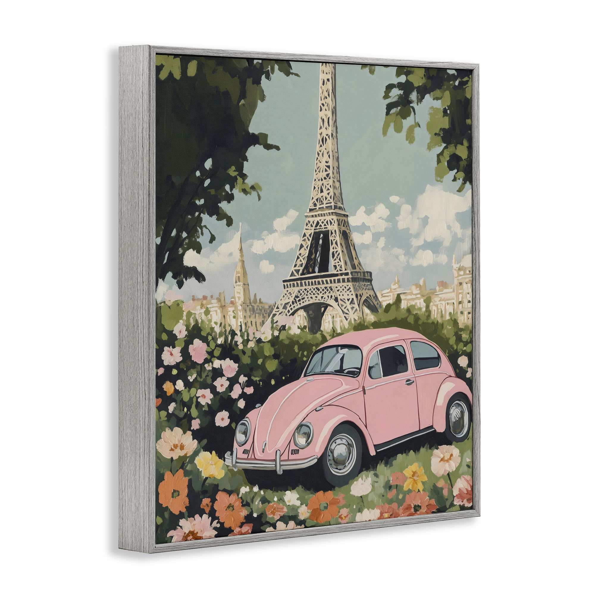Stupell Industries Paris Pink Car in Bloom Gray Framed Giclee Art, design by The Prints Vibe