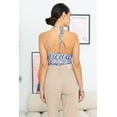 thumbnail image 3 of Cream & Blue Wave Print Mesh Asymmetrical Neck Self-tie Strap Bodysuit, 3 of 5