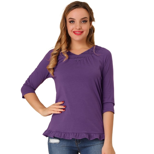 INSPIRE CHIC Blusa Cuello V Volantes De Encaje Con Mangas 3/4 Para Mujer Púrpura M