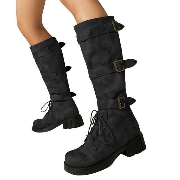 Womens Knee High Platform Combat Boots Vintage Buckle Leather Chunky Heeled Knee Length Tall Riding Boots